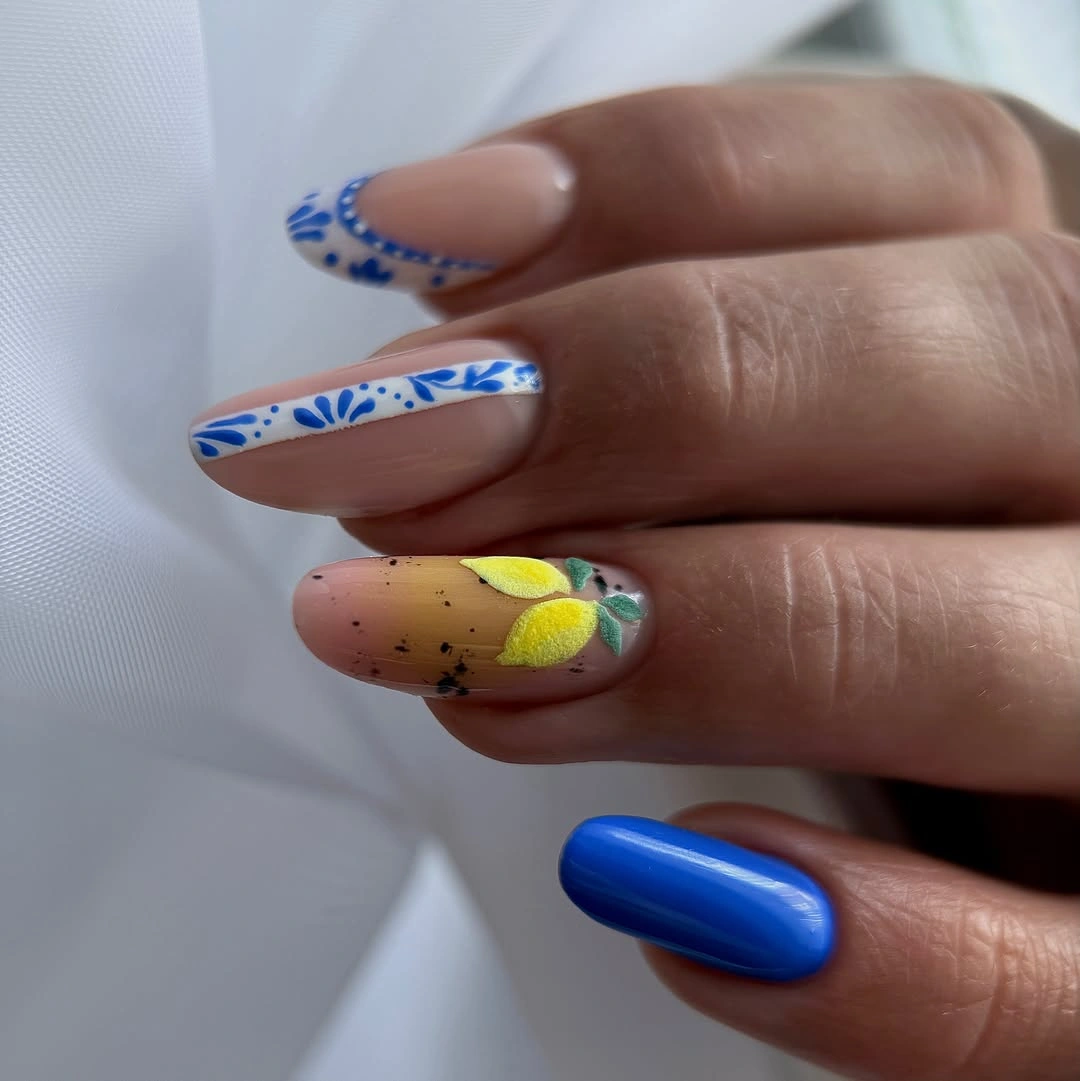 creative fall nails with accent nail Royal Blue French Tips With Lemon Accents