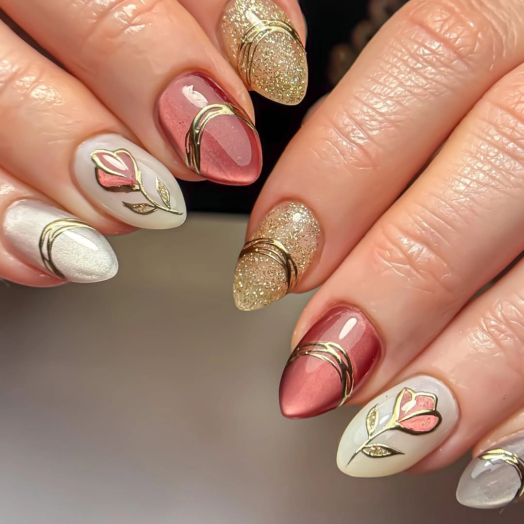 creative fall nails with accent nail Rose Gold Sparkle With Botanical Accents
