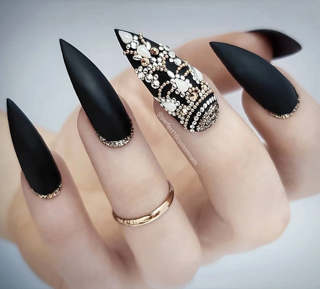 creative fall nails with accent nail Matte Black With a Statement Rhinestone Accent
