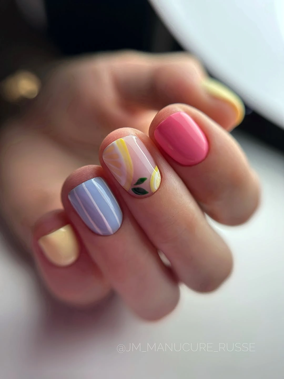 creative fall nails with accent nail Pastel Blue Lemon Yellow and Pink With a Fresh Accent