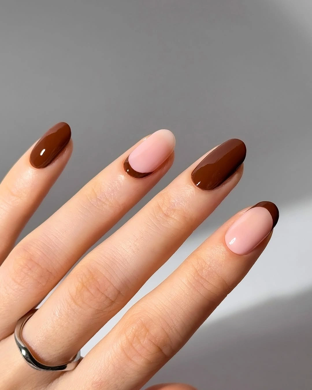 creative fall nails with accent nail Chocolate Brown French Tips With a Soft Pink Accent