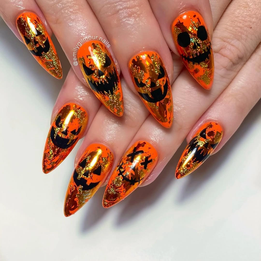 creative fall nails with pumpkins 2026 Molten Gold Jack O Lantern Nails