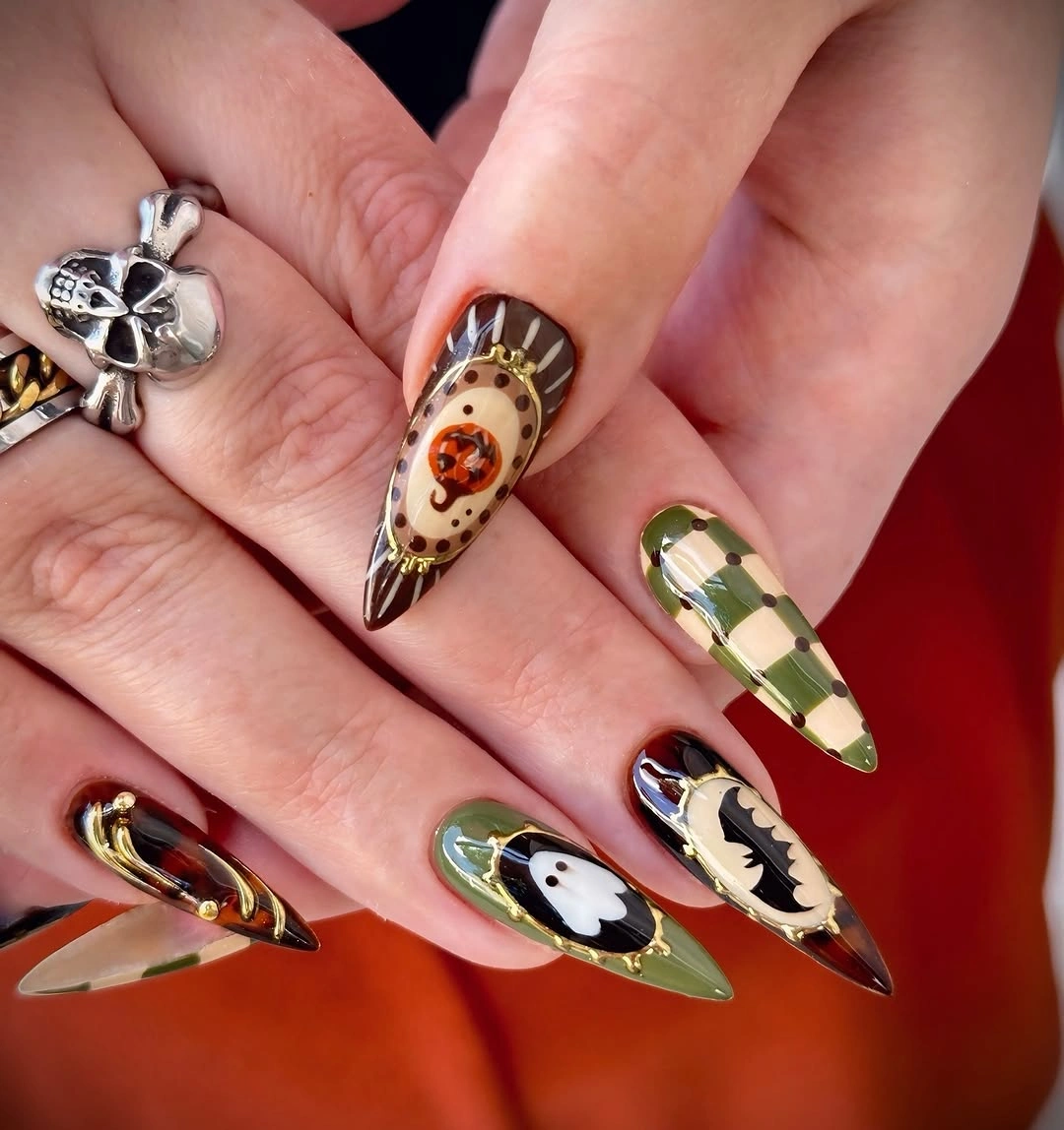 creative fall nails with pumpkins 2026 Vintage Halloween Plaid Nails