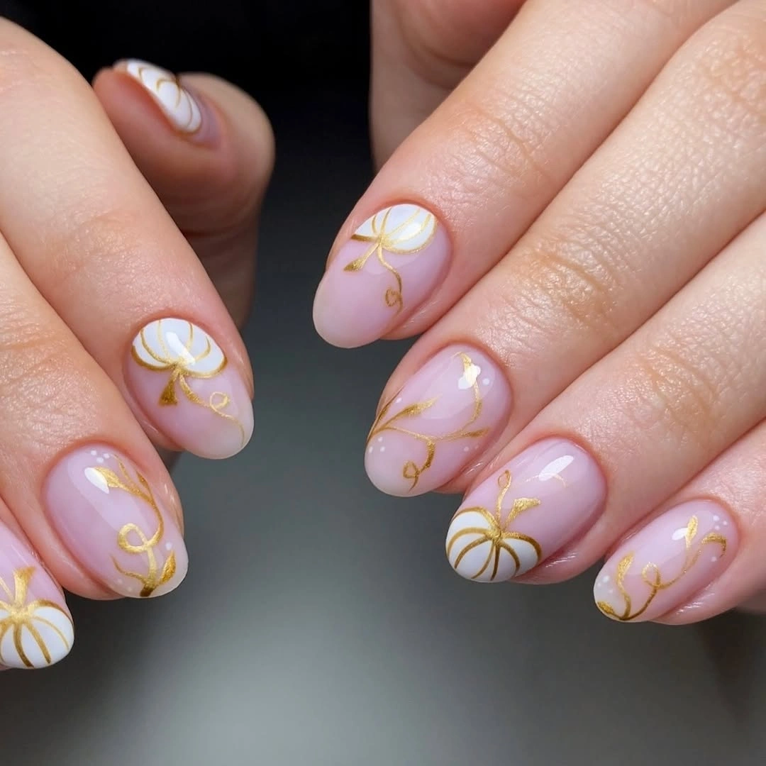 creative fall nails with pumpkins 2026 White Pumpkin Vine Nails