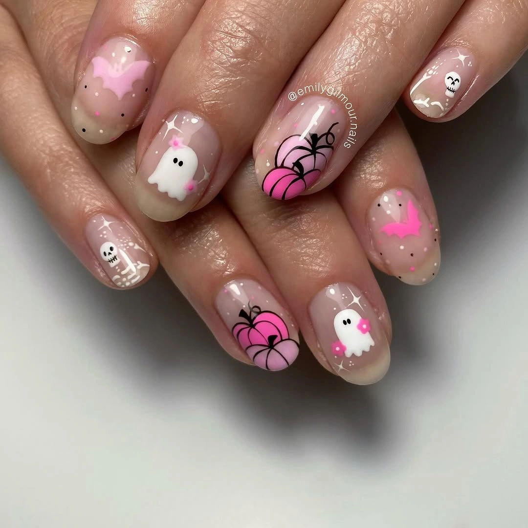 creative fall nails with pumpkins 2026 Pink Pumpkin and Ghost Nails