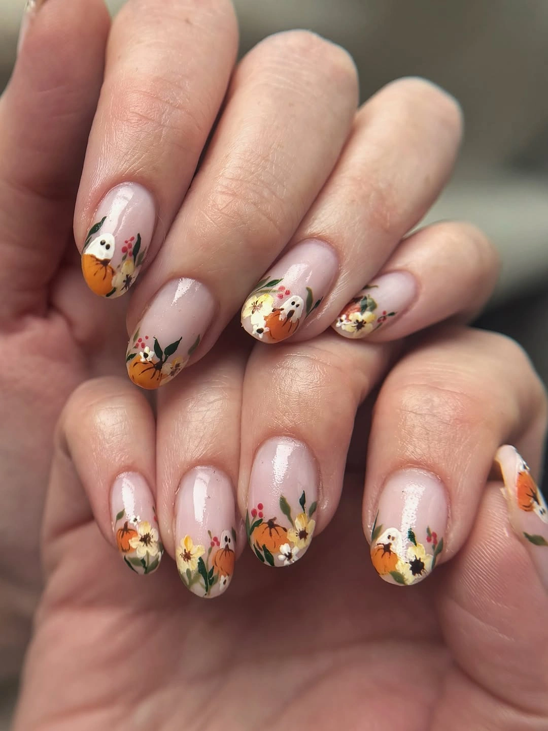 creative fall nails with pumpkins 2026 Little Ghosts in an Autumn Garden