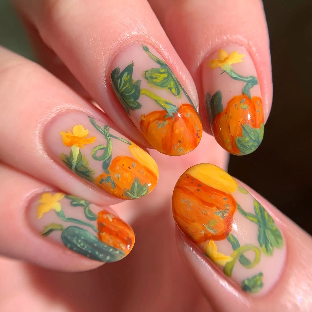 creative fall nails with pumpkins 2026 Painted Pumpkin Harvest Nails