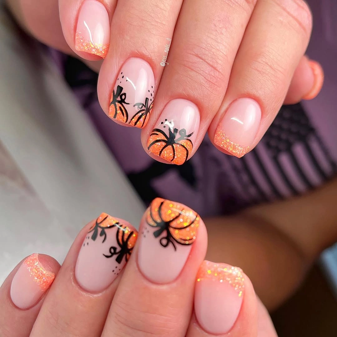 creative fall nails with pumpkins 2026 Glitter Pumpkin Tip Nails