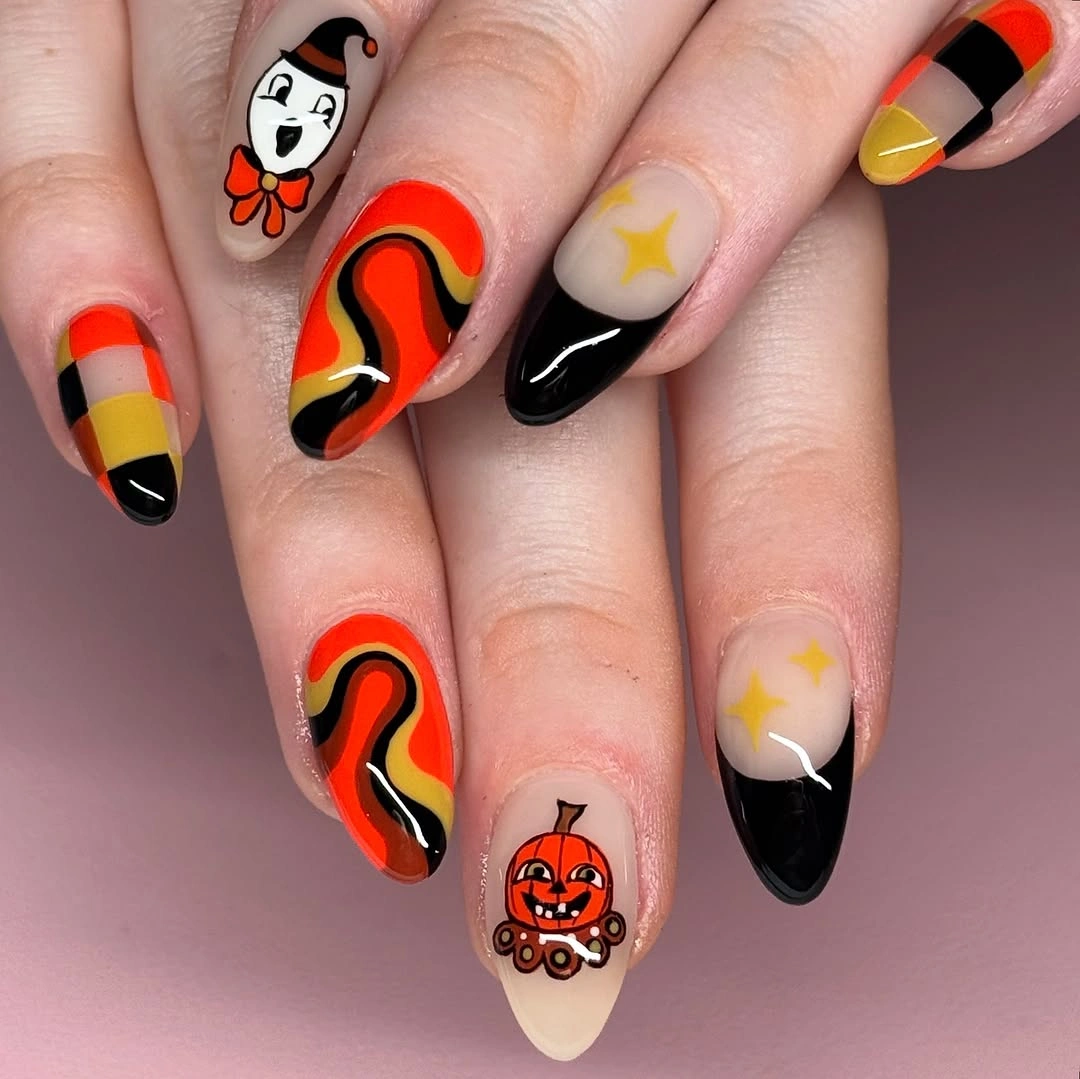 creative fall nails with pumpkins 2026 Retro Halloween Pumpkin Nails