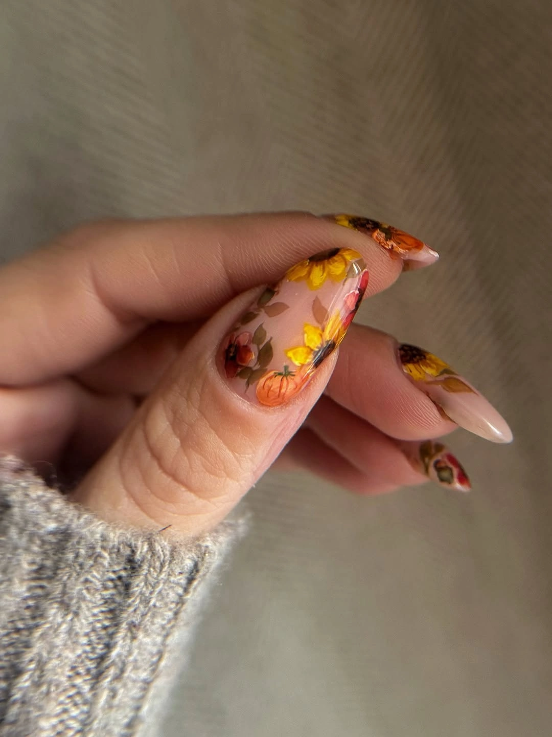 creative fall nails with pumpkins 2026 Autumn Garden Pumpkin Almond Nails