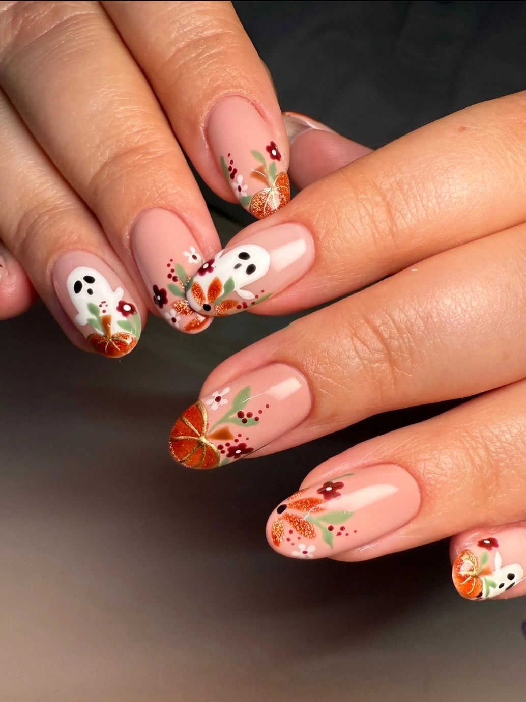 creative fall nails with pumpkins 2026 Tiny Ghosts in the Pumpkin Patch