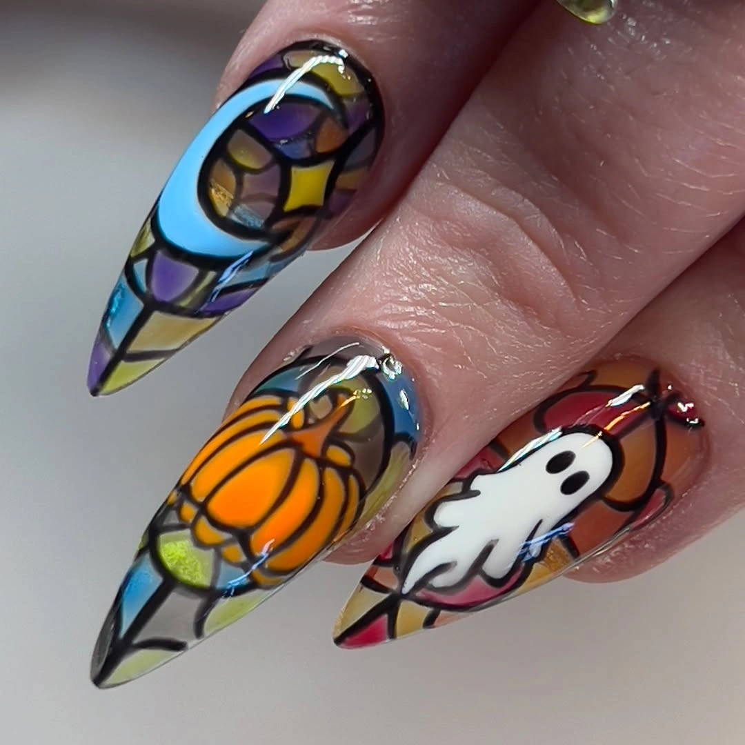 creative fall nails with pumpkins 2026 Stained Glass Pumpkin Patch