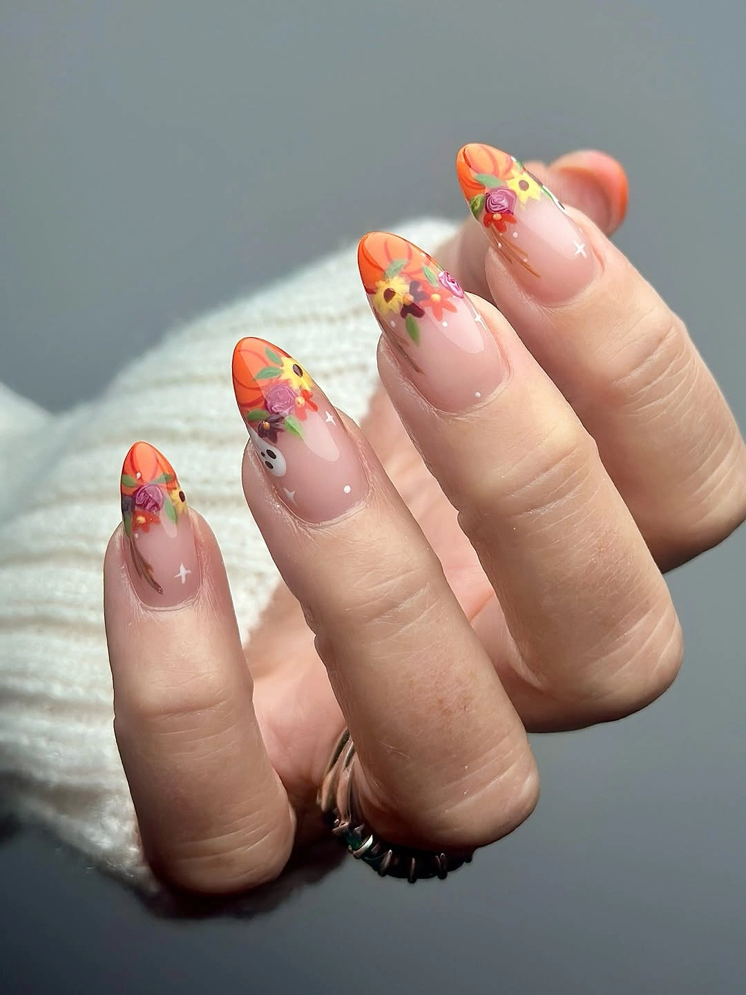 creative fall nails with pumpkins 2026 Floral Pumpkin Tip Nails