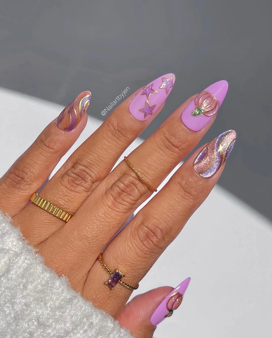 creative fall nails with pumpkins 2026 Lavender Pumpkin Stardust Nails