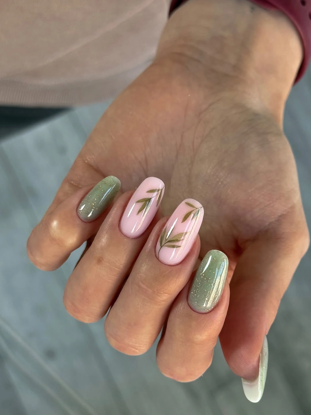 cute early fall nails 2026 Blush Pink And Sage Nails With Delicate Botanical Art