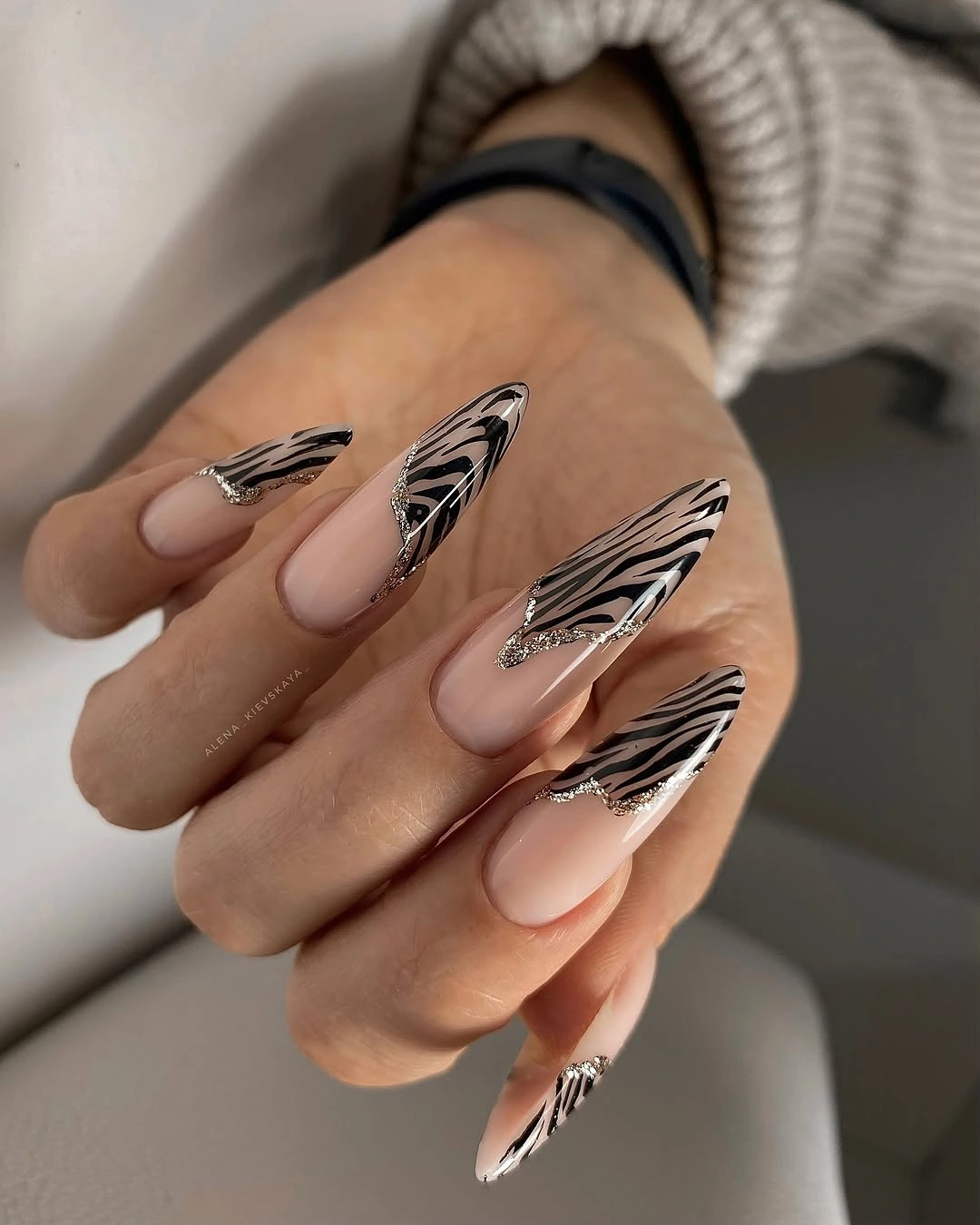 cute early fall nails 2026 Almond Zebra Tips With A Hint Of Sparkle