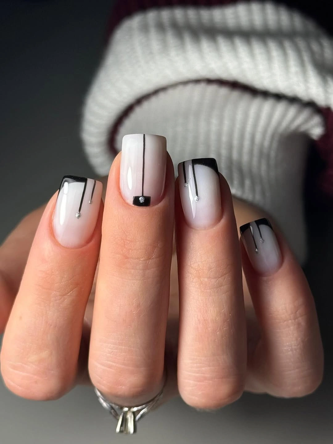 cute early fall nails 2026 Minimal White And Black Linework For Short Nails