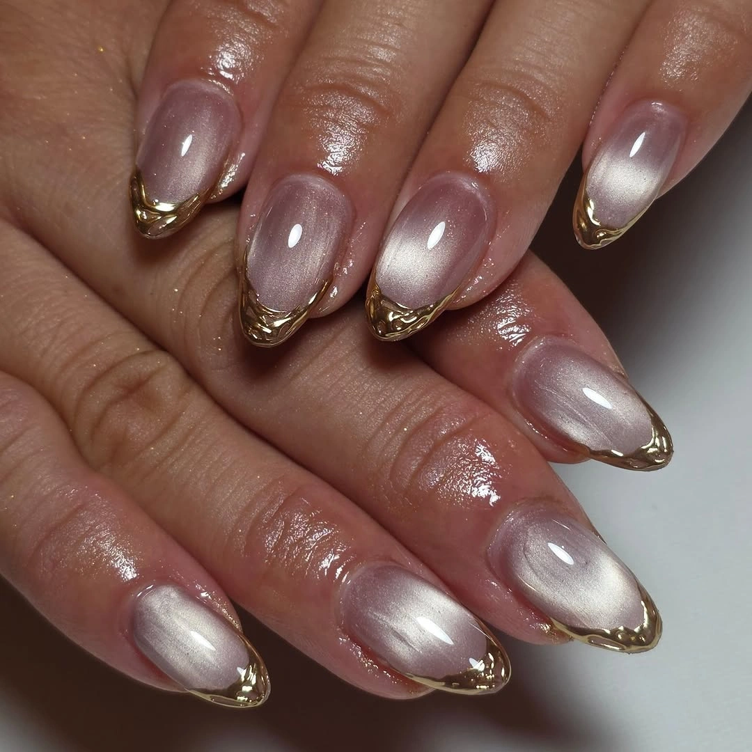 cute fall short almond nails 2026 Champagne Chrome with Molten Gold French Tips