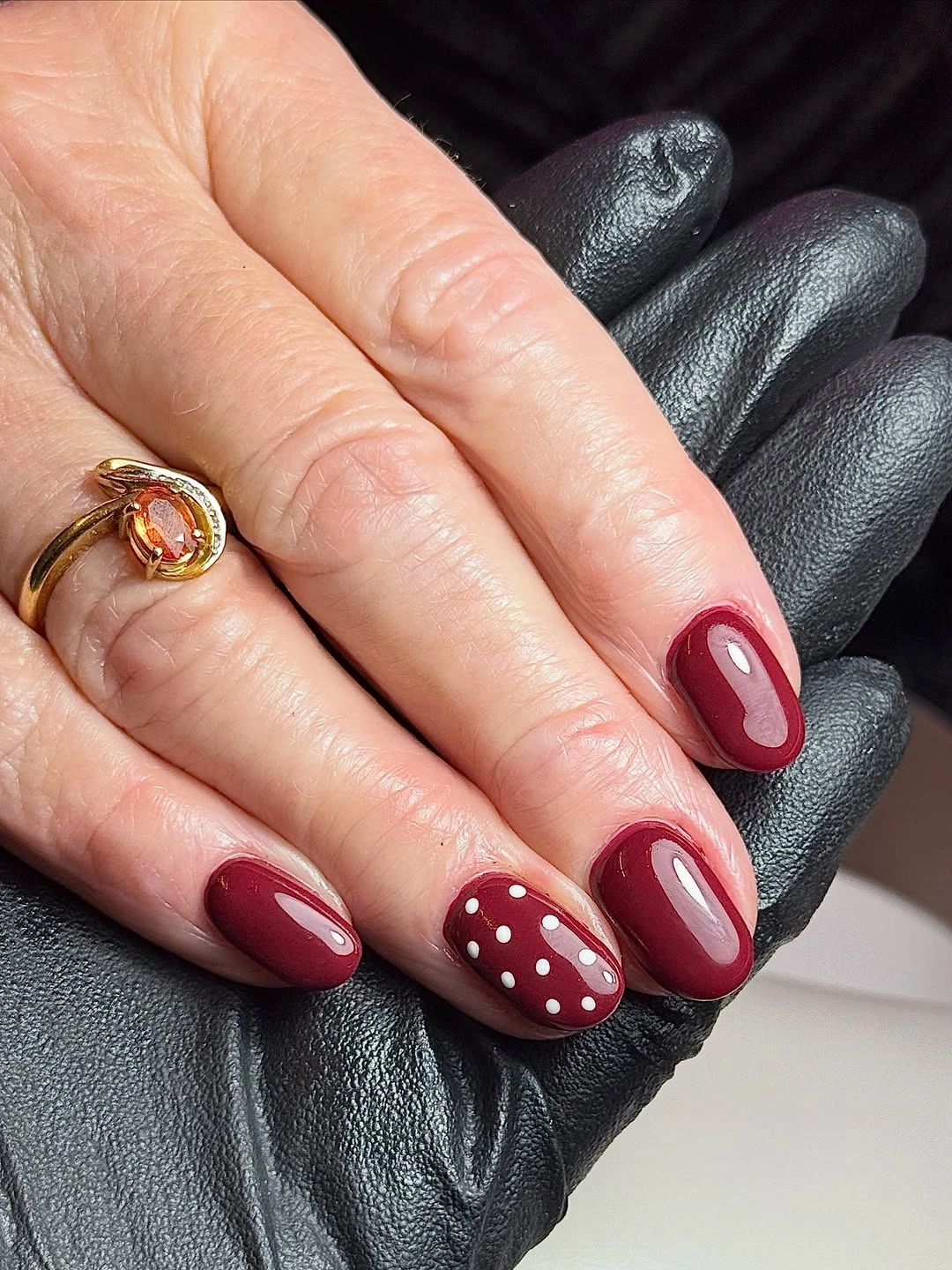 cute fall short almond nails 2026 Cherry Red With a Tiny Polka-Dot Twist
