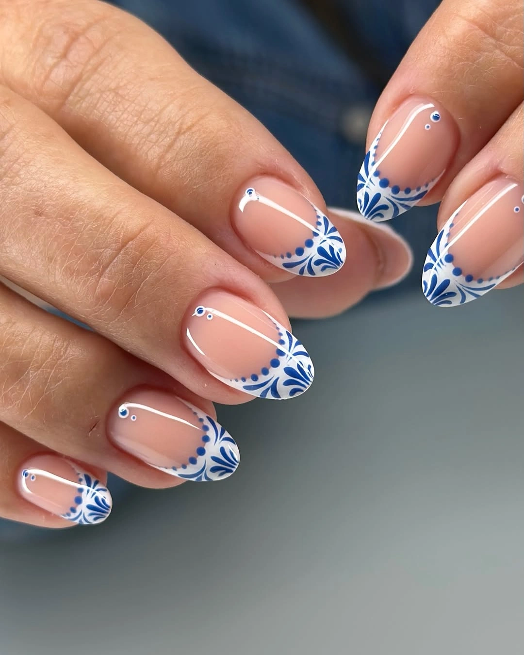 cute fall short almond nails 2026 Blue Porcelain French Tips for a Fresh Autumn Twist