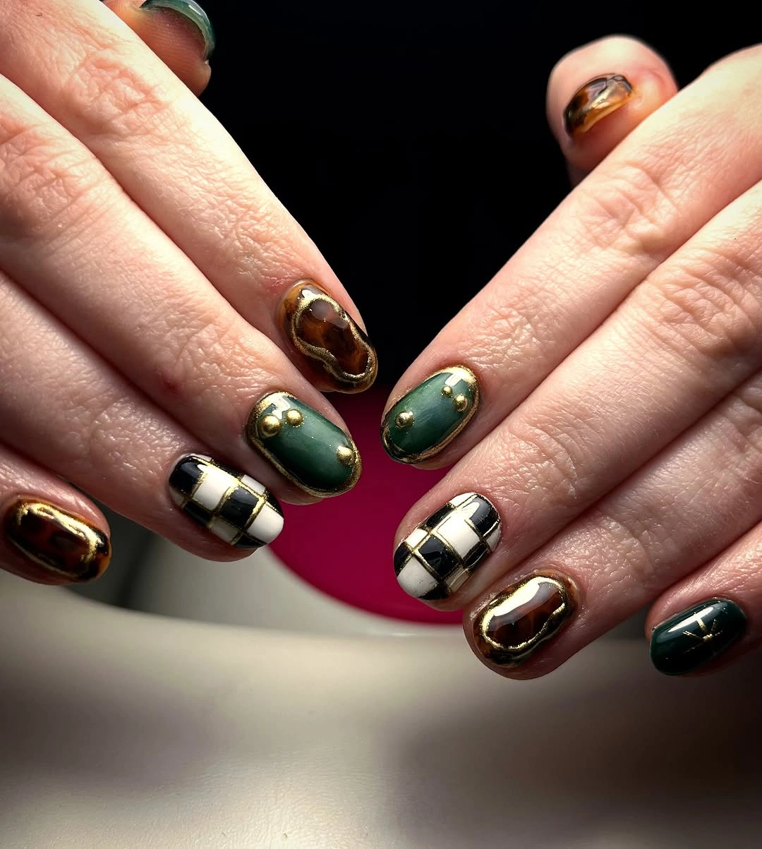 cute fall short almond nails 2026 Deep Forest Green Meets Vintage Gold Accents