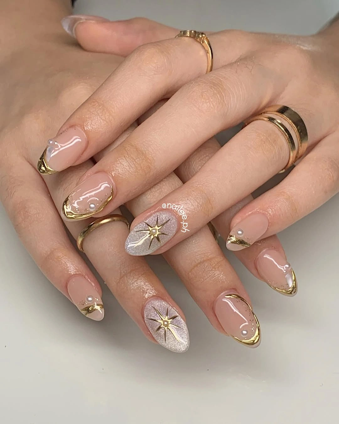 cute fall short almond nails 2026 Golden Pearl French Elegance