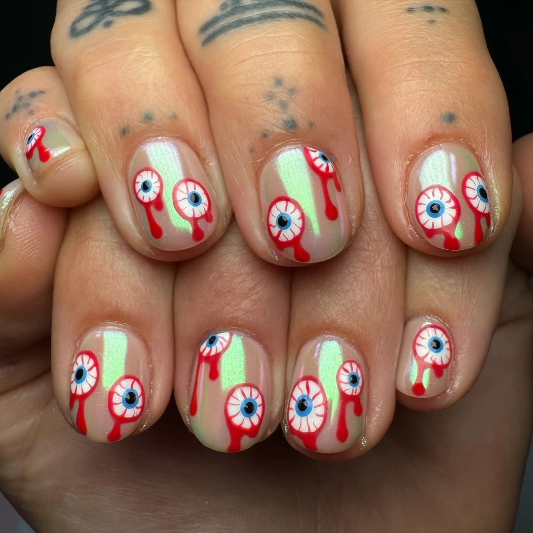 cute halloween nails designs 2026 Bloody Eyeball Short Nails