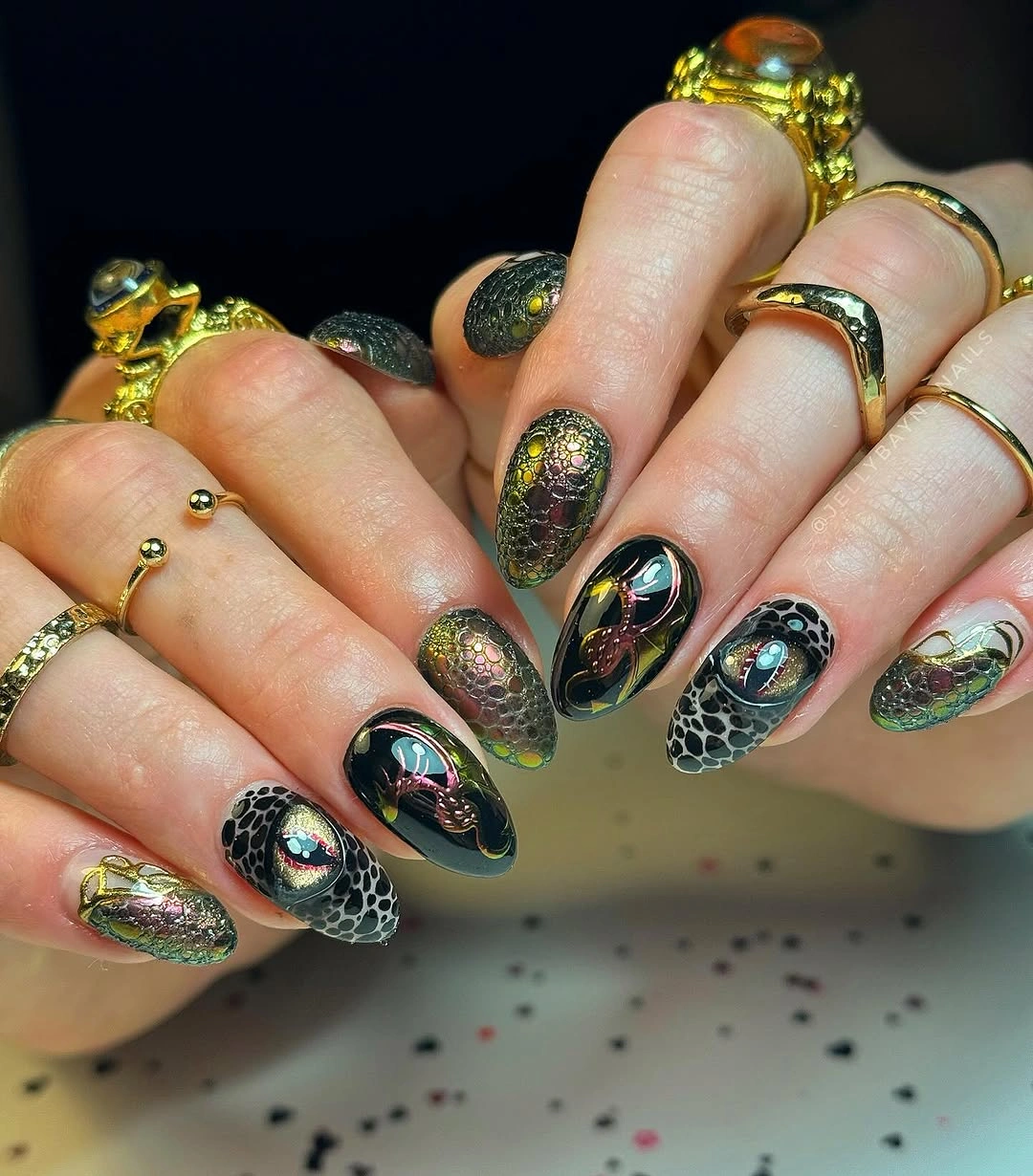 cute halloween nails designs 2026 dark jewel Halloween nails with green black and gold