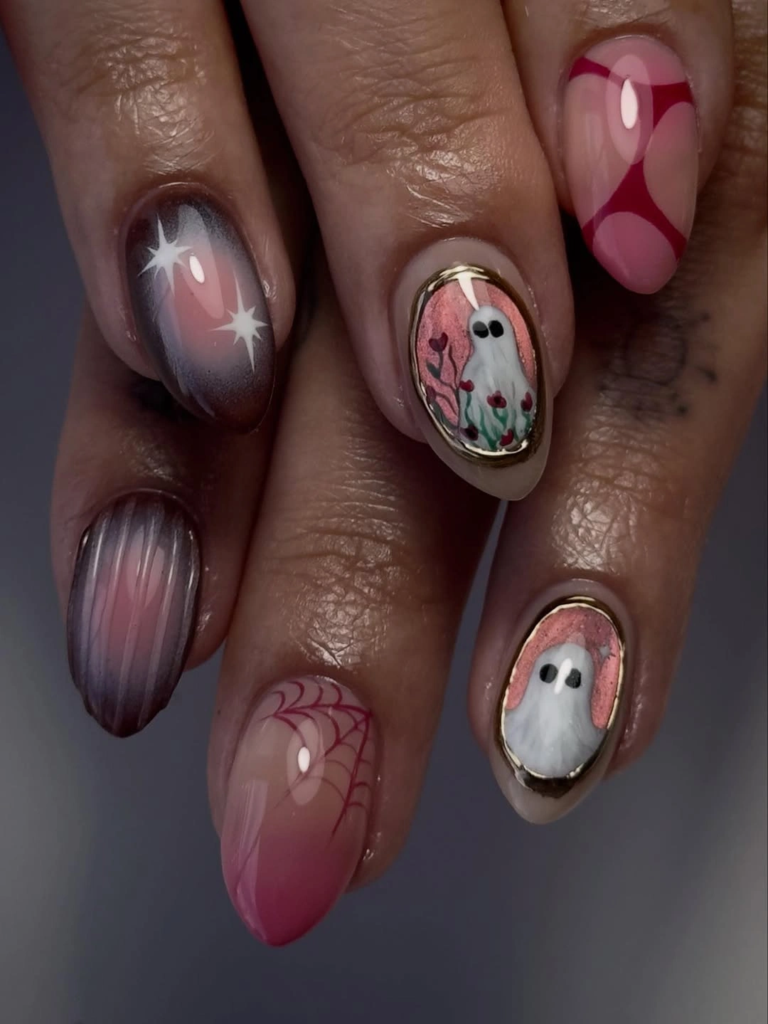 cute halloween nails designs 2026 cute ghost nails with pink purple and gold