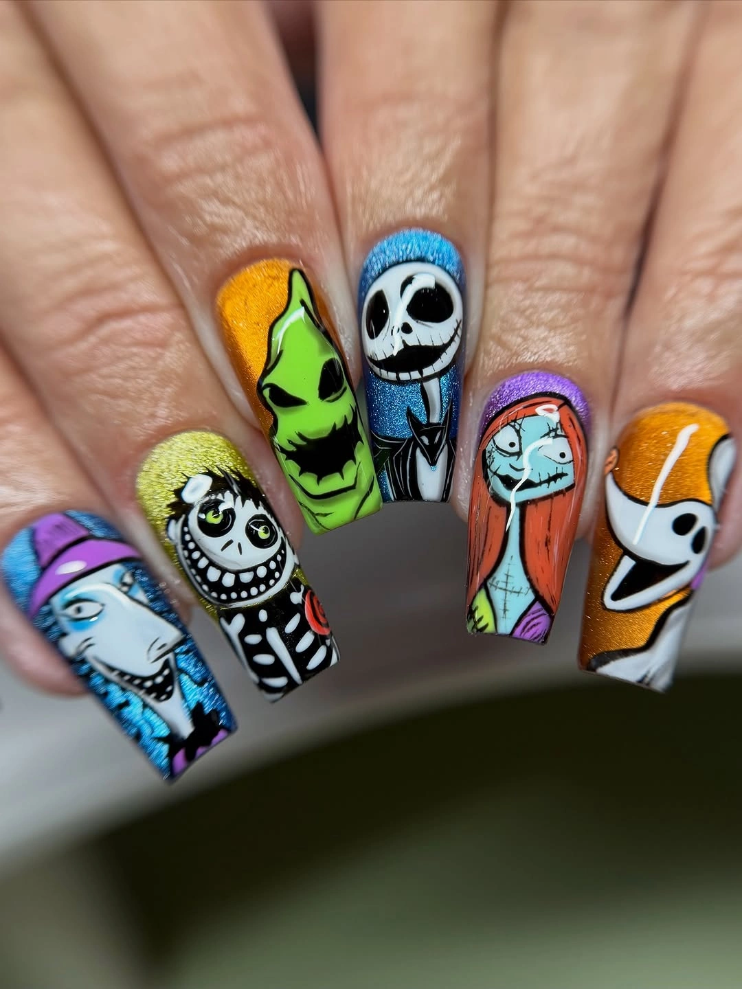 cute halloween nails designs 2026 Colorful Nightmare Character Nails