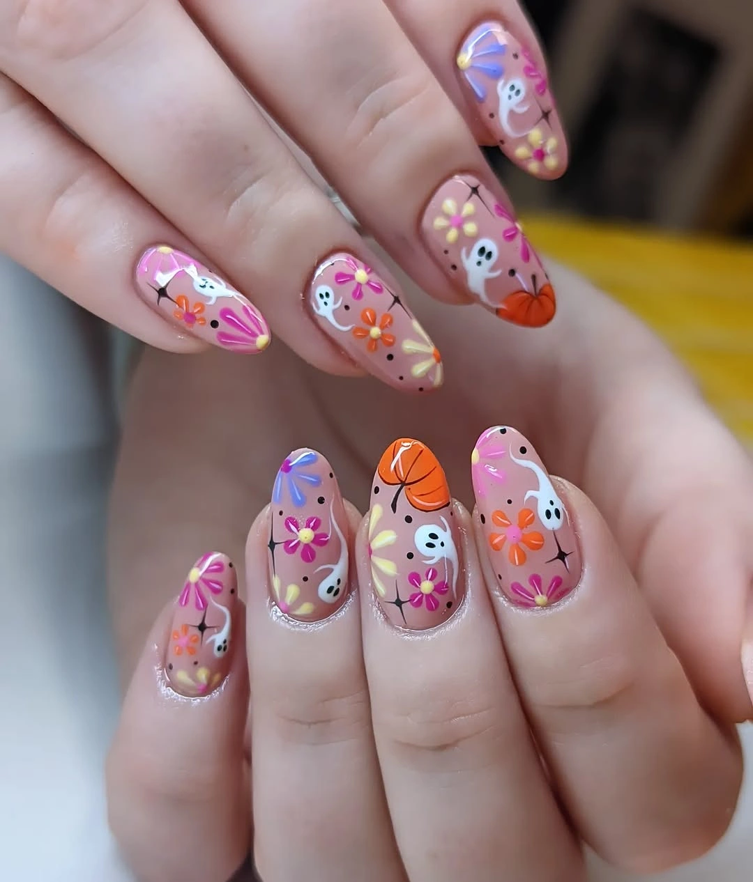 cute halloween nails designs 2026 Pink Ghosts and Flower Nails