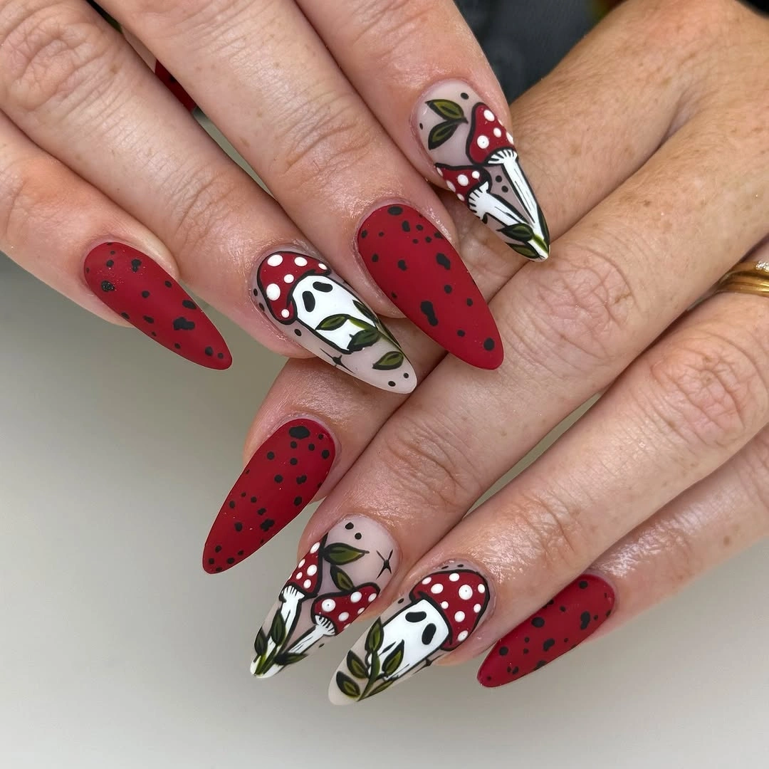 cute halloween nails designs 2026 Red Mushroom Ghost Nails
