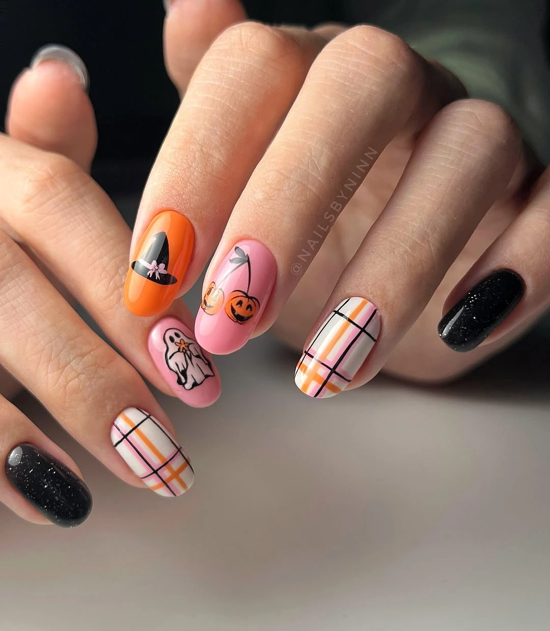 cute halloween nails designs 2026 Pink Plaid Halloween Nails