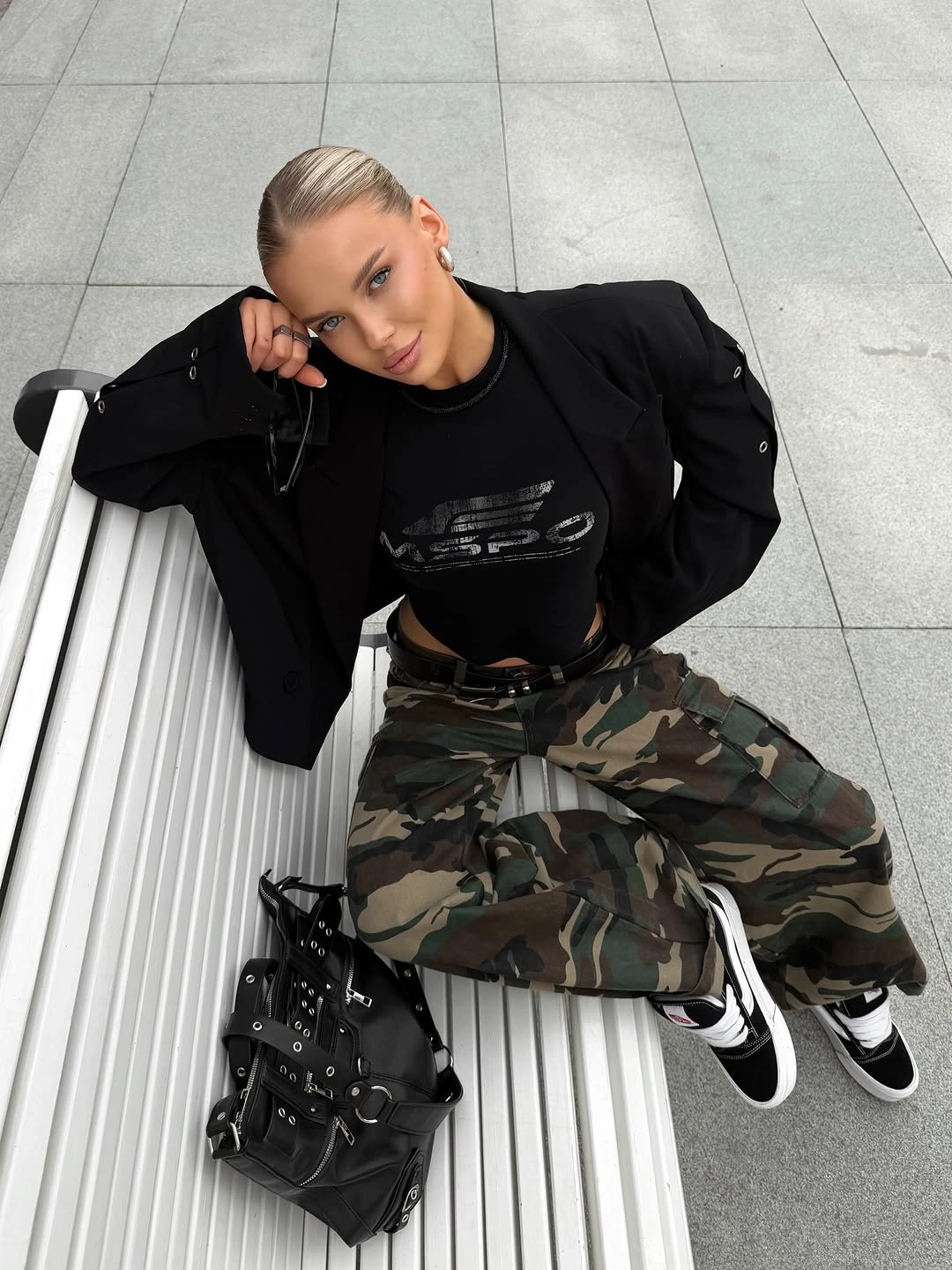 cute september outfit ideas 2026 Sporty Camo With A Sharp Black Blazer