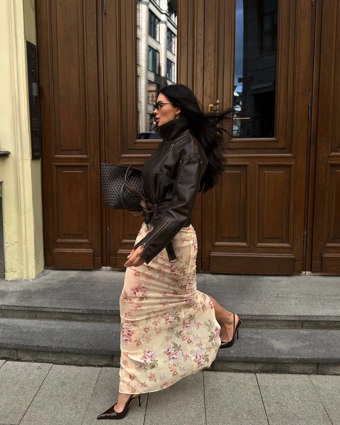 cute september outfit ideas 2026 Floral Dress With A Leather Jacket
