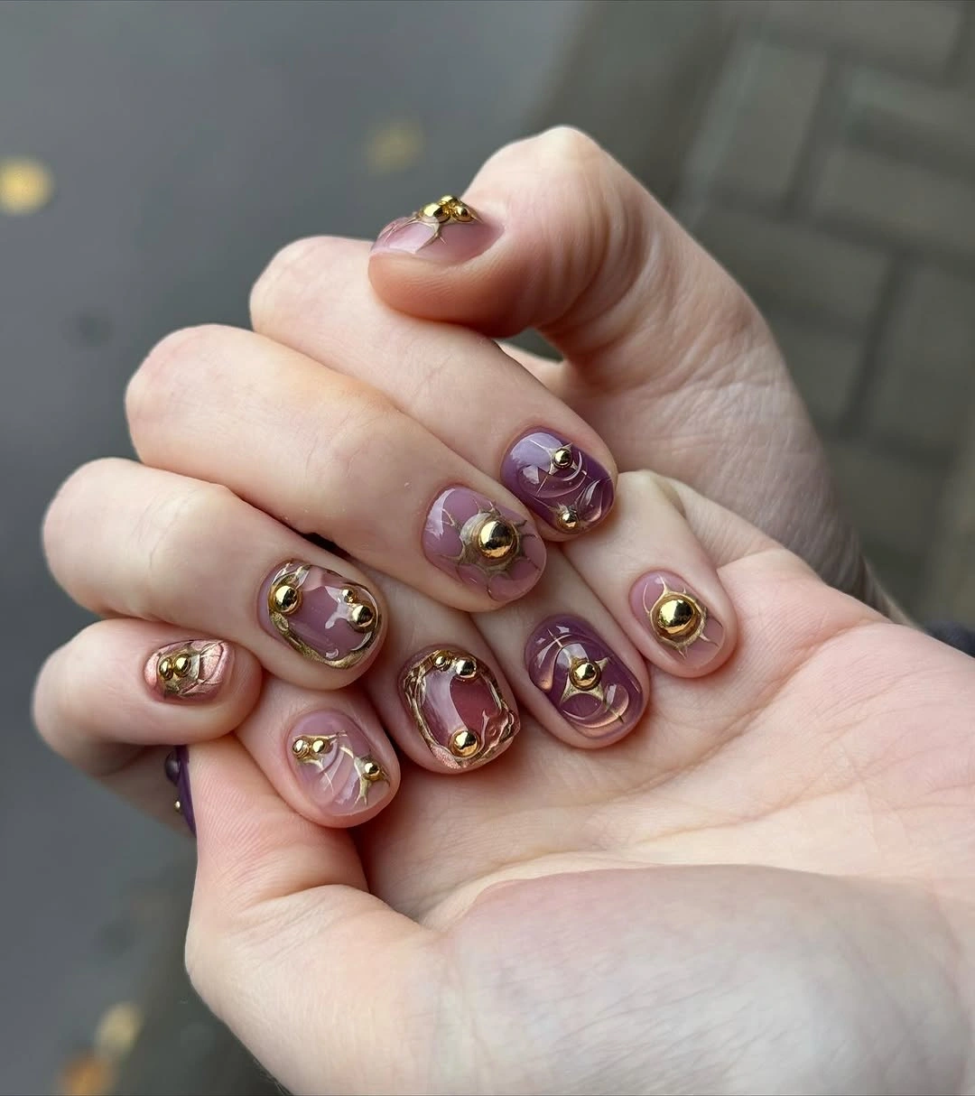 cute simple fall short nails plum gold embellished manicure