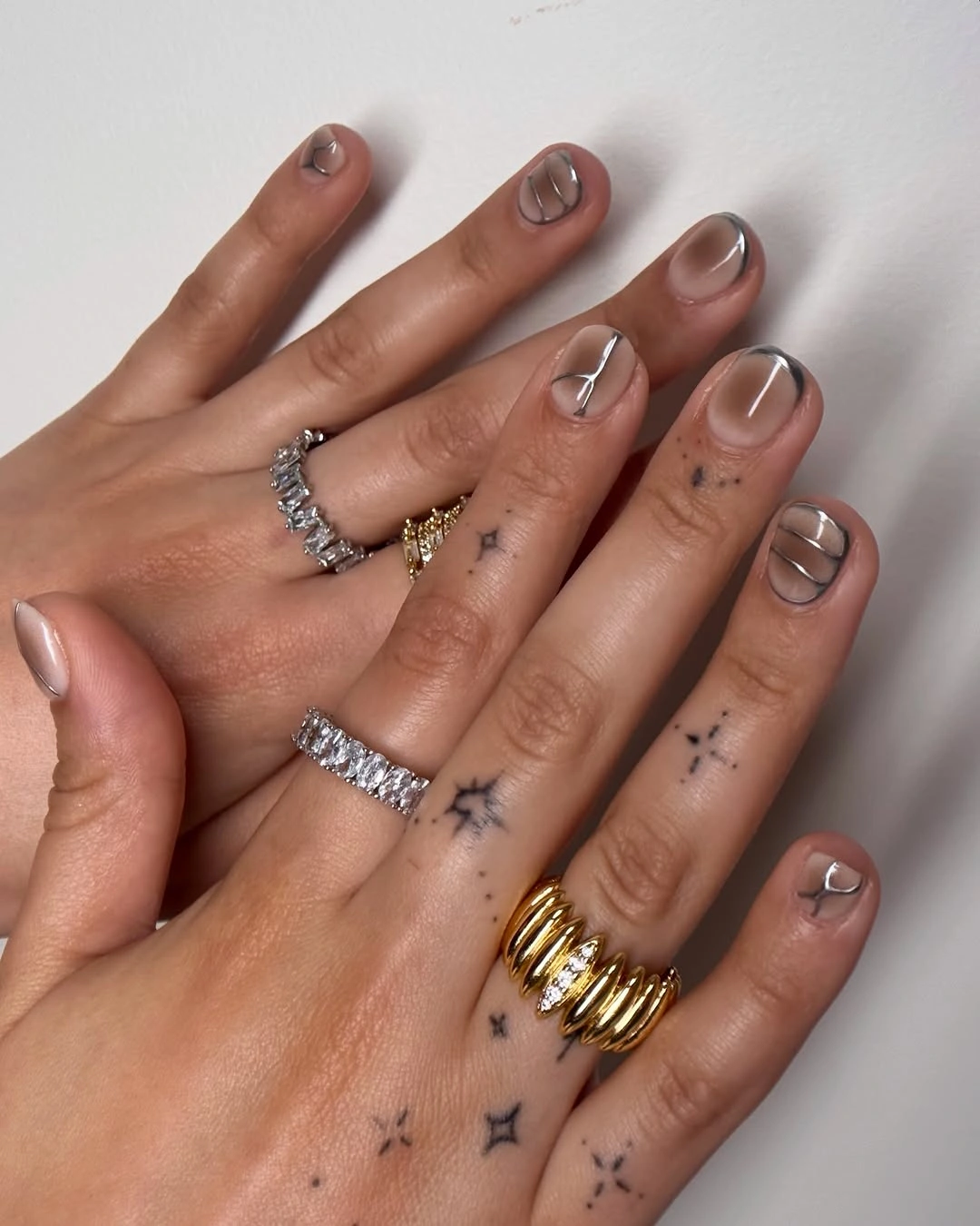 cute simple fall short nails Sheer Nude With Silver Chrome Details