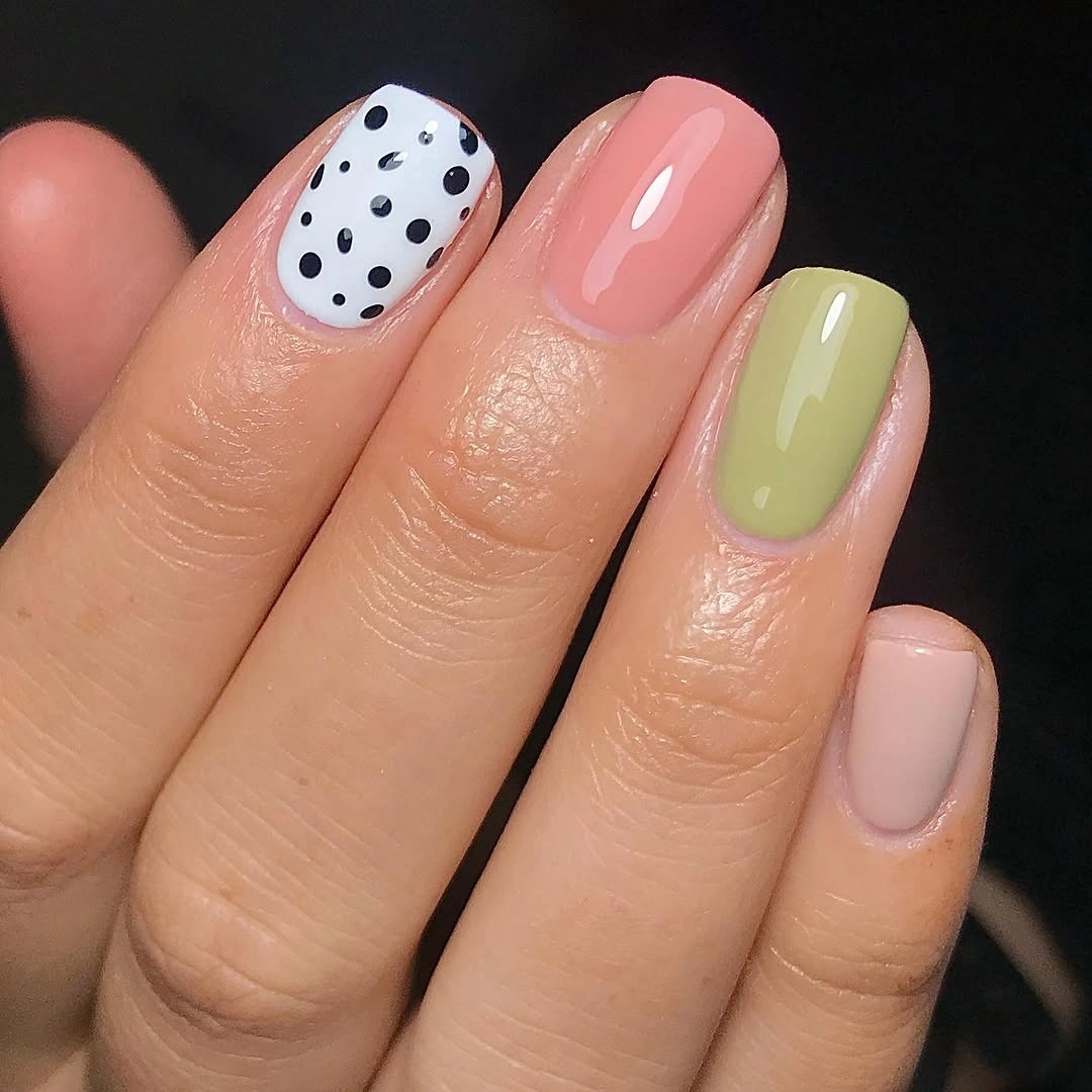 cute simple fall short nails Pastel Pink Green And Playful Dots
