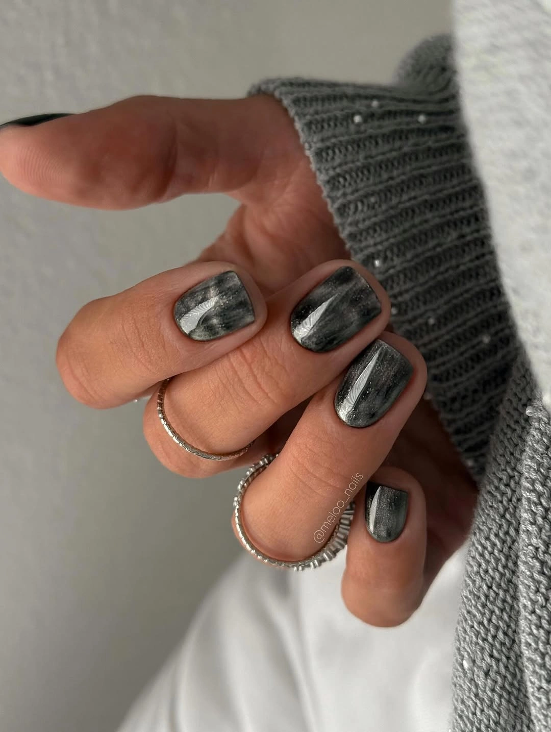 cute simple fall short nails Charcoal Marble With Silver Movement