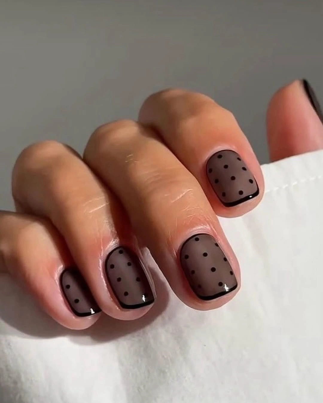cute simple fall short nails taupe polka dot French manicure
