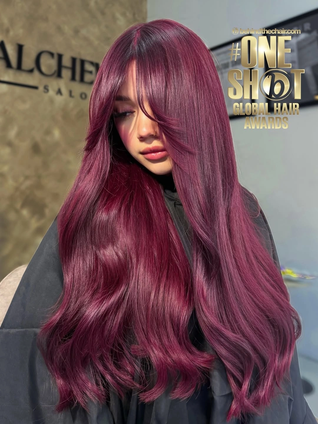 dyed hair ideas Deep Mauve With Long Curtain Layers
