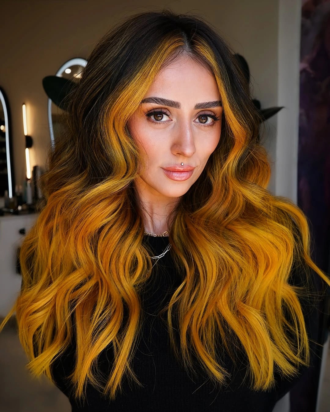 dyed hair ideas Golden Yellow Waves With Deep Roots