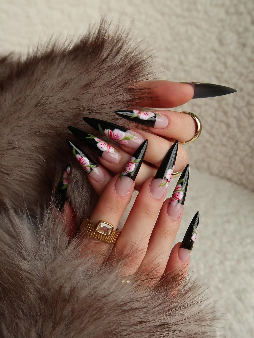 elegant fall long nails 2026 black floral stiletto nails