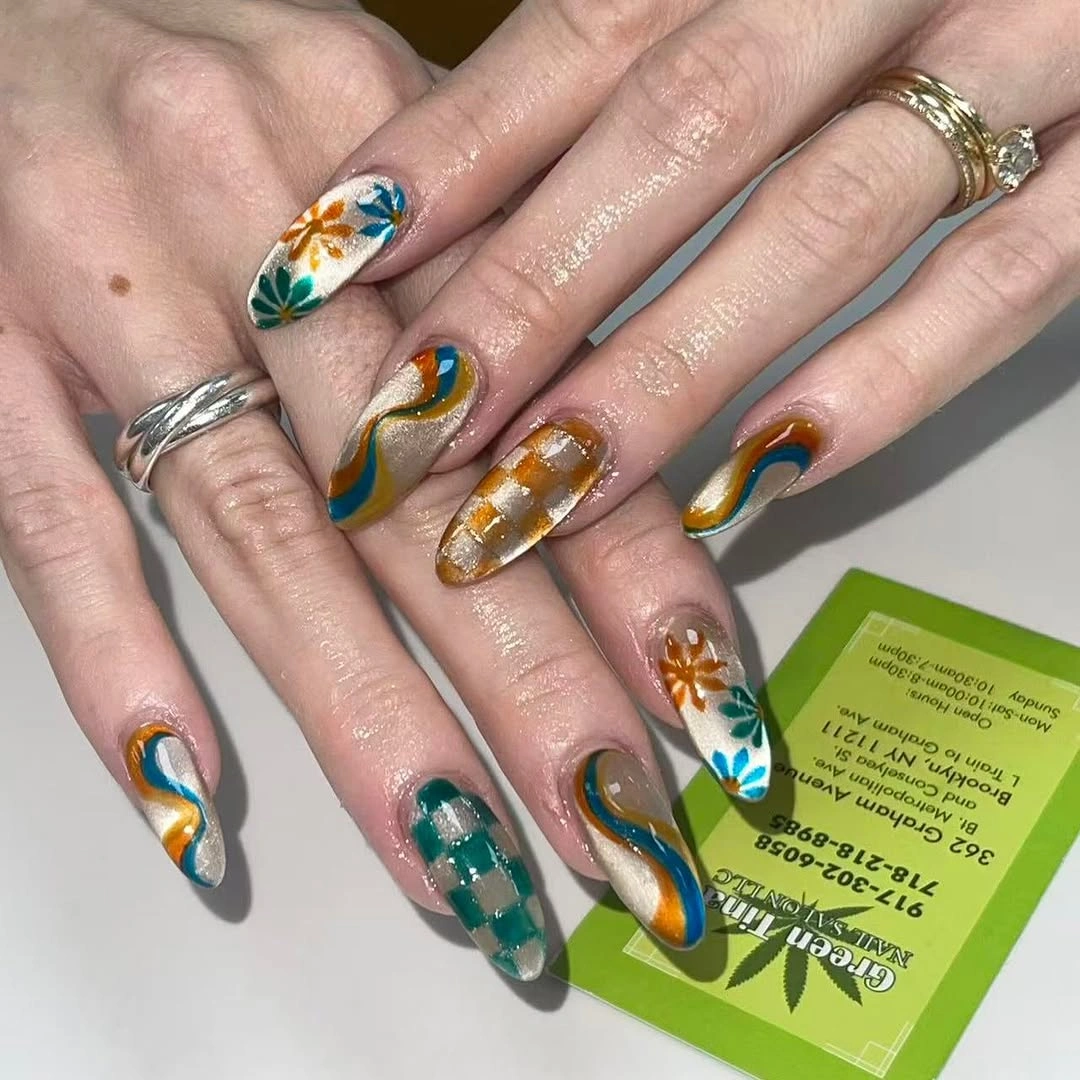 elegant fall long nails 2026 teal orange abstract autumn nails