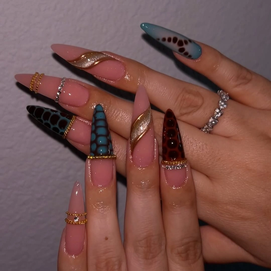 elegant fall long nails 2026 teal burgundy stiletto nails