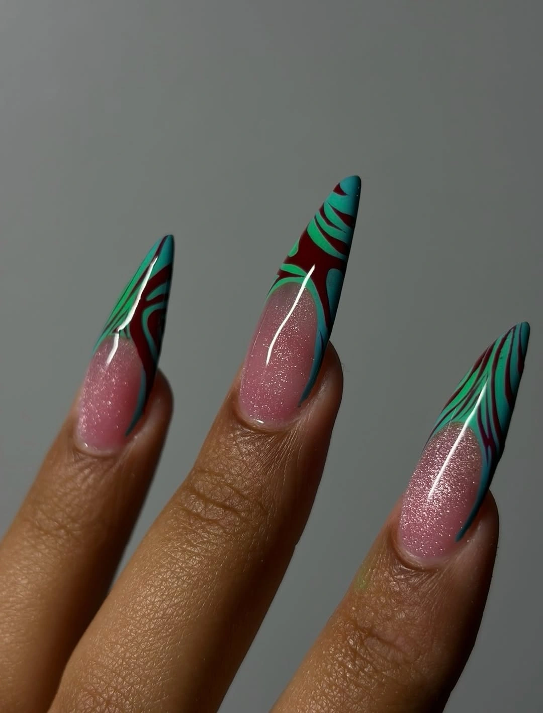 elegant fall long nails 2026 teal burgundy graphic tips