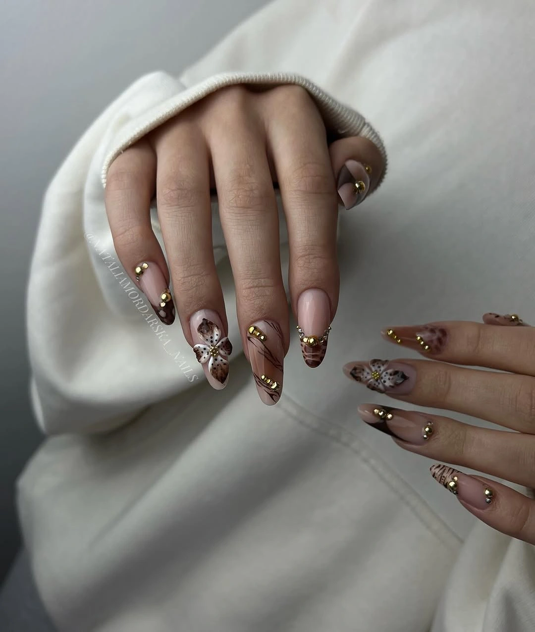 elegant fall long nails 2026 brown butterfly nail design