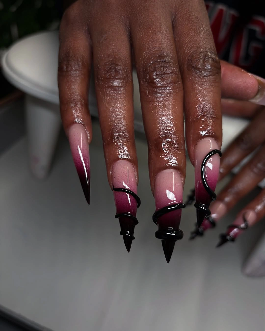 elegant fall long nails 2026 burgundy ombre black stiletto nails