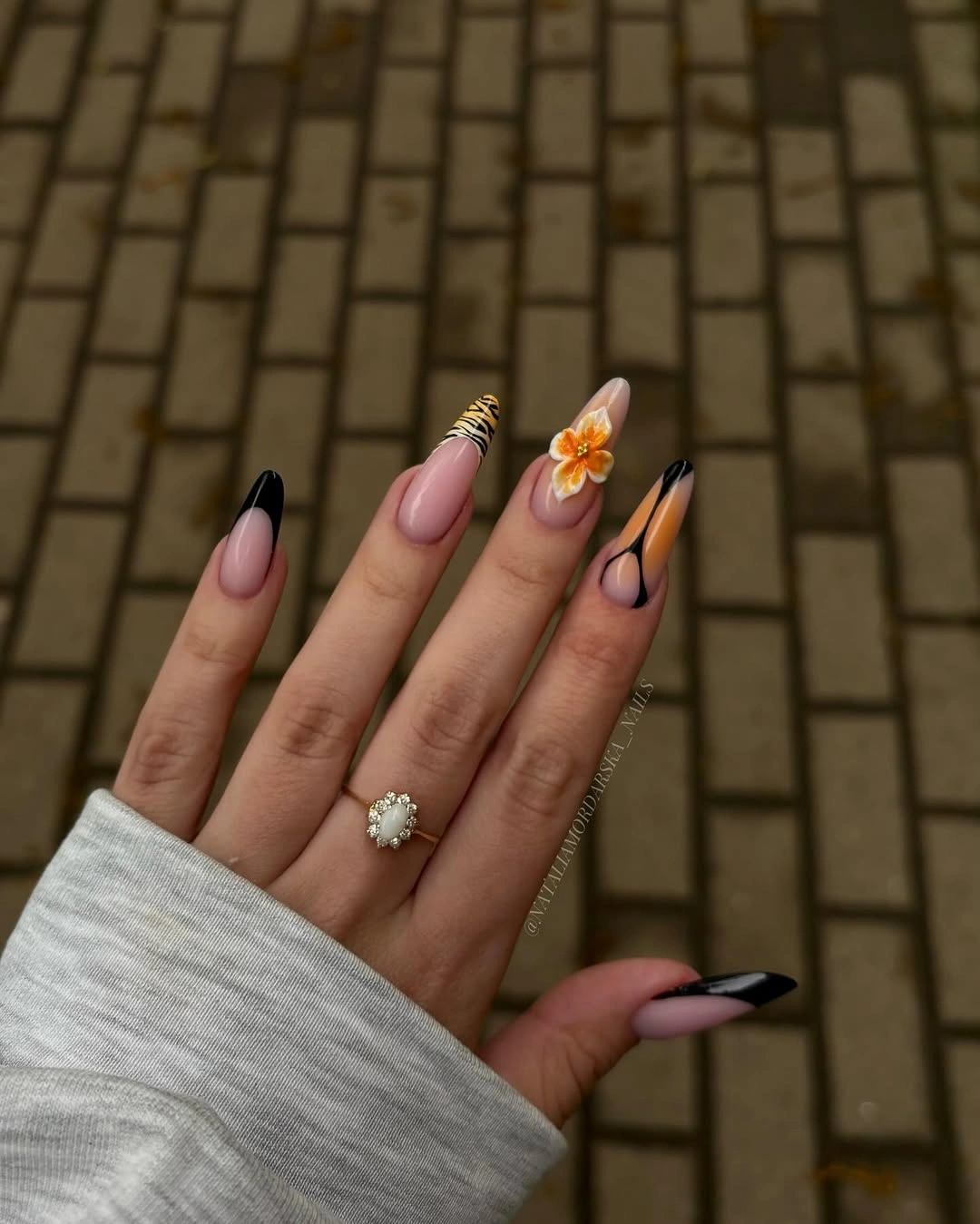 elegant fall long nails 2026 orange floral almond nail design