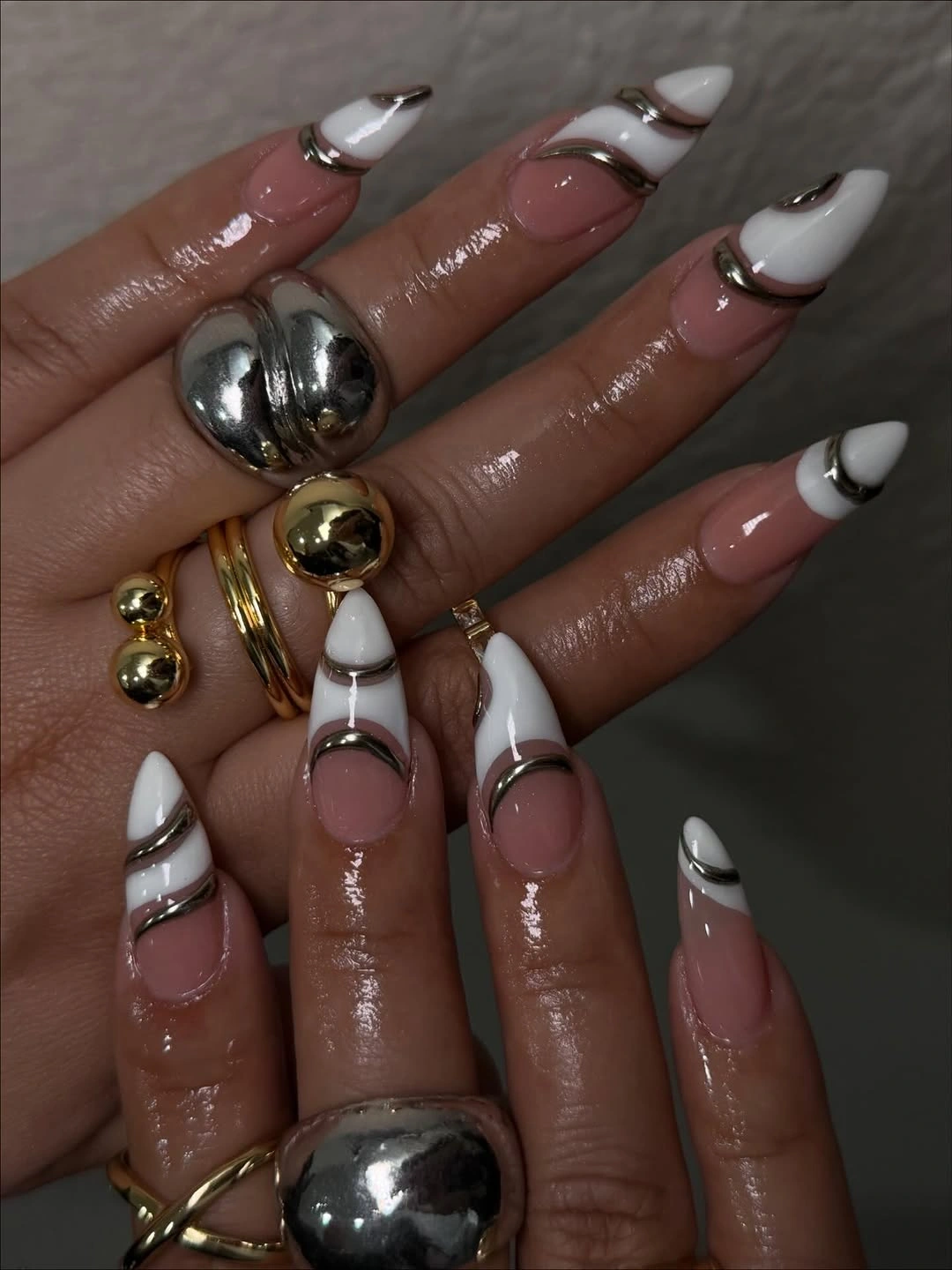 elegant fall long nails 2026 white metallic almond tips